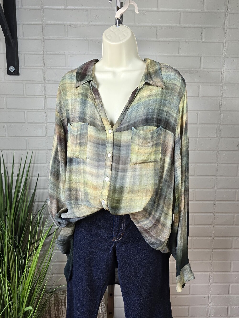 Soft Surrondings Plaid Tye Die Button Up Blouse 2X